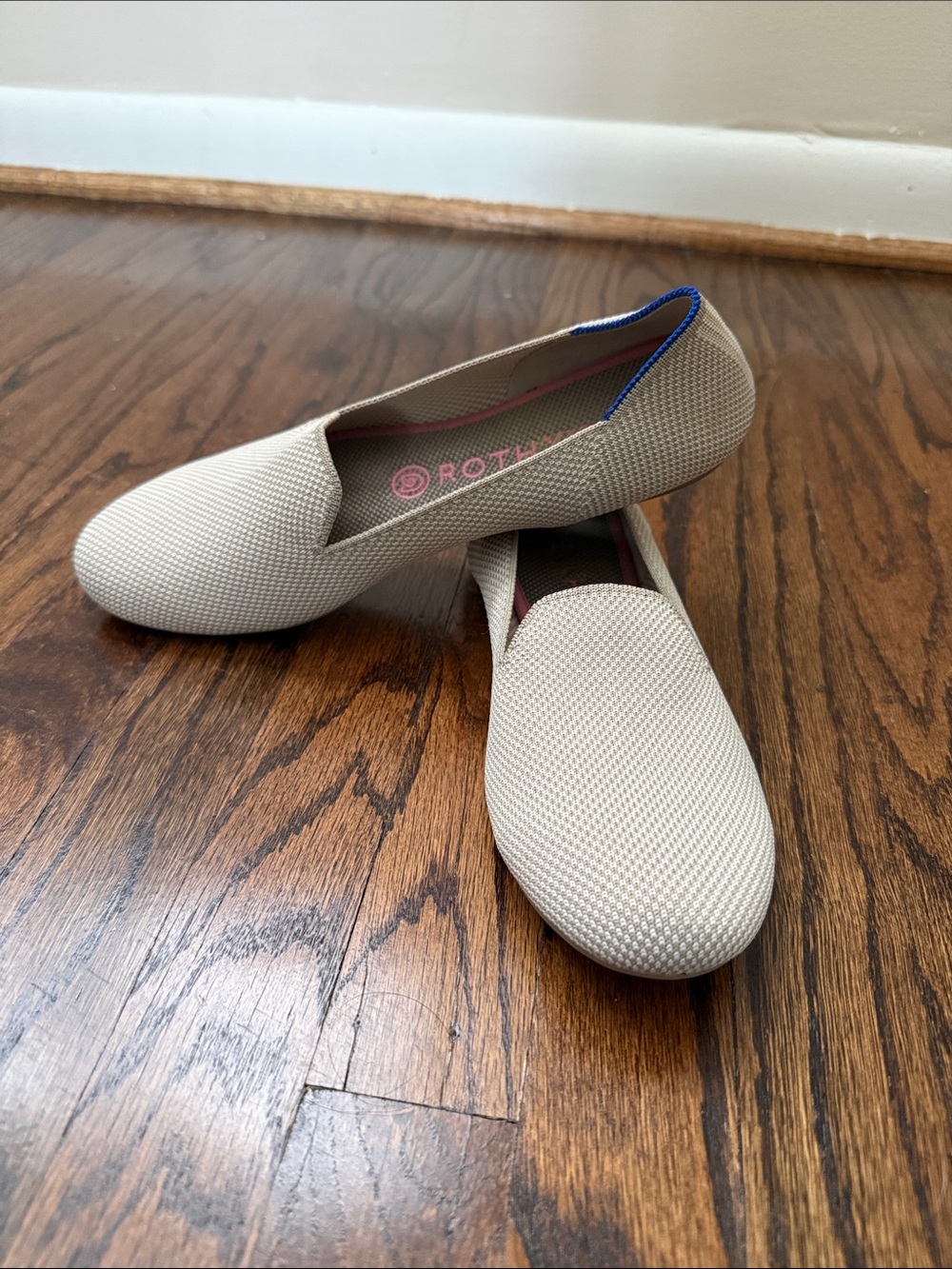 Rothy's Women's Light Beige Slip-On Flats with Blue Trim